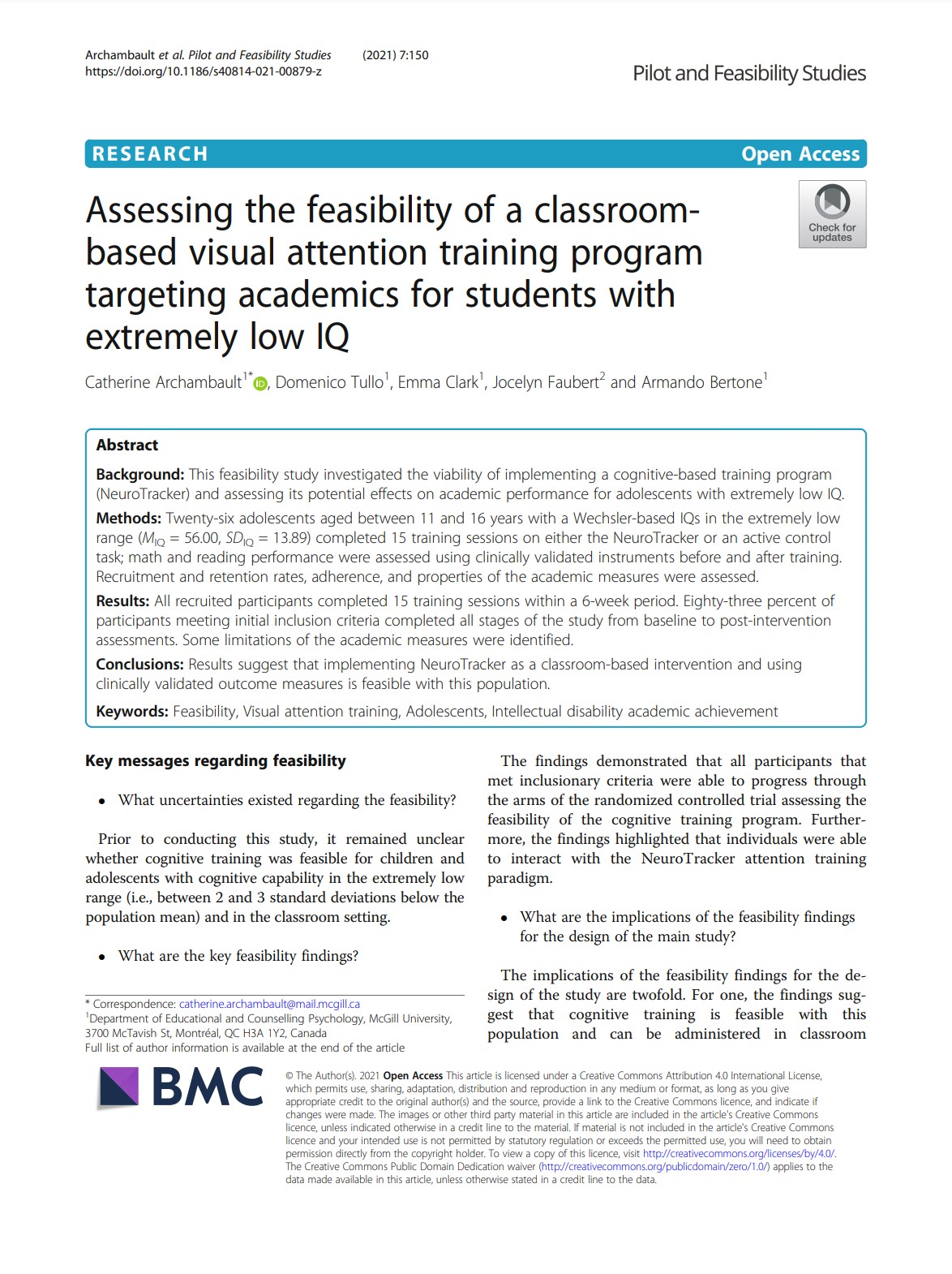 Assessing the feasibility of a classroom-based visual attention training program targeting academics for students with extremely low IQ