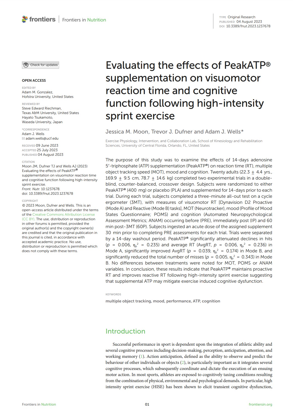 Evaluating the effects of PeakATP® supplementation on visuomotor reaction time and cognitive function following high-intensity sprint exercise