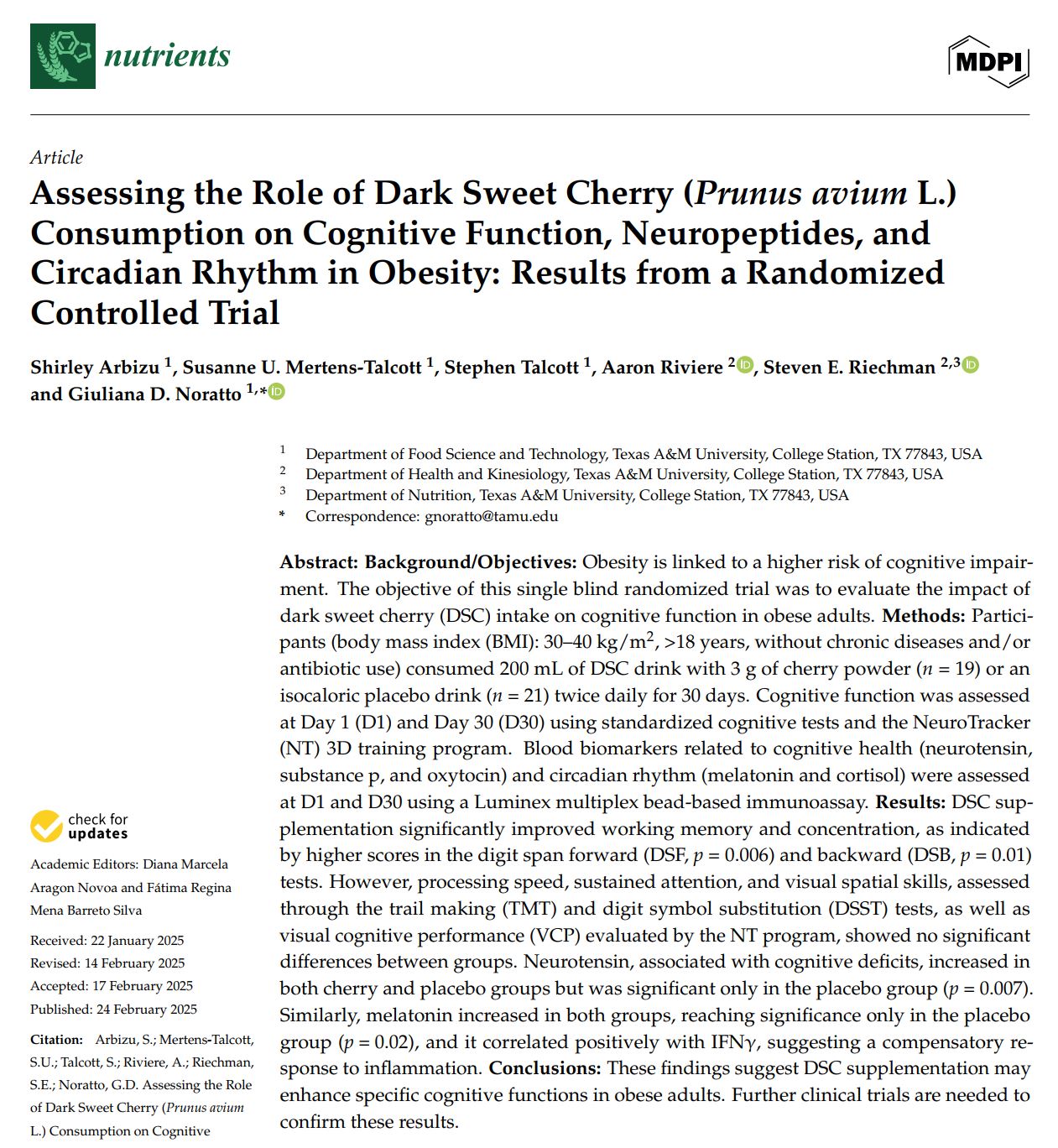 Assessing the Role of Dark Sweet Cherry (Prunus avium L.) Consumption on Cognitive Function, Neuropeptides, and Circadian Rhythm in Obesity: Results from a Randomized Controlled Trial