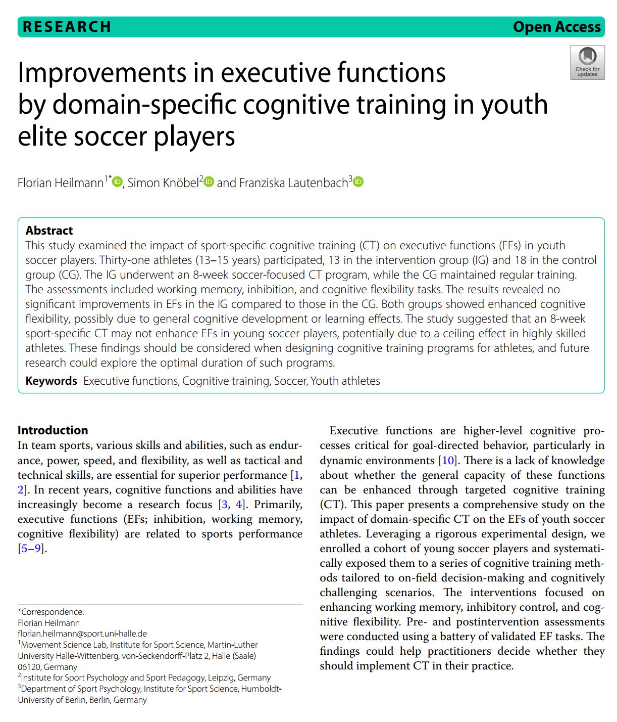Improvements in Executive Functions by Domain-Specific Cognitive Training in Youth Elite Soccer Players