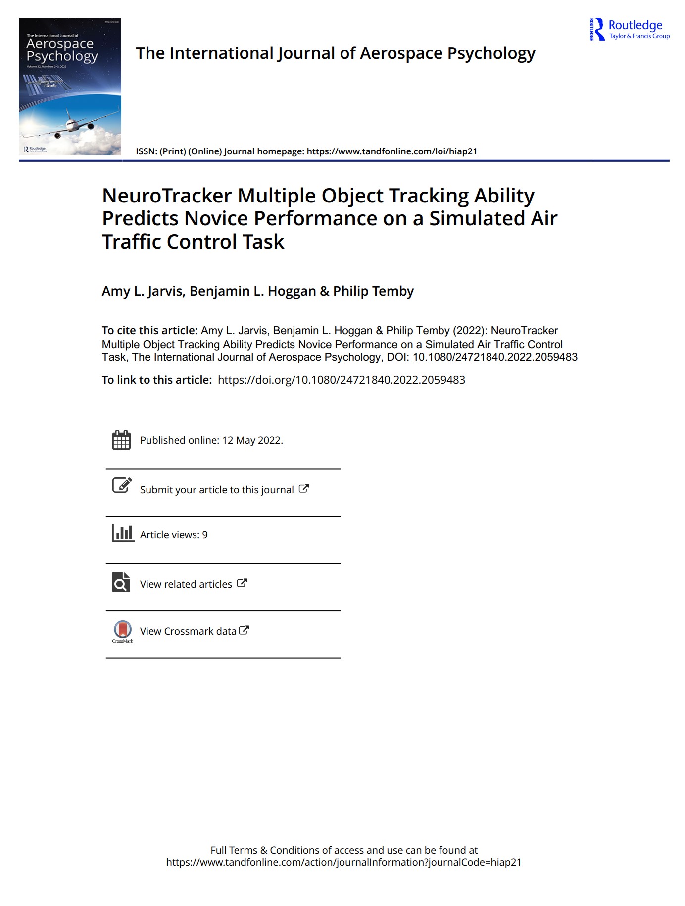 NeuroTracker Multiple Object Tracking Ability Predicts Novice Performance on a Simulated Air Traffic Control Task