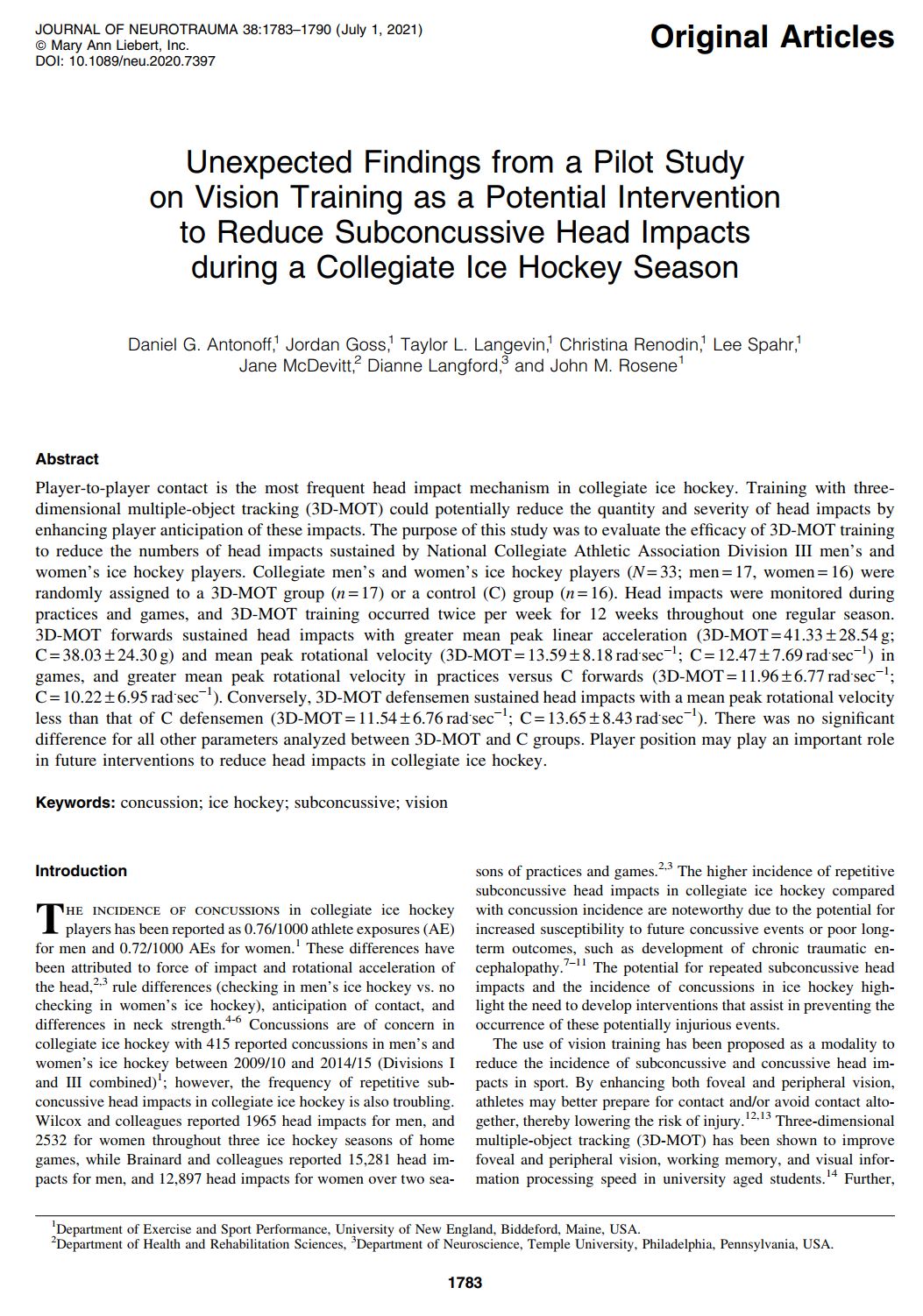 Unexpected Findings from a Pilot Study on Vision Training as a Potential Intervention to Reduce Subconcussive Head Impacts during a Collegiate Ice Hockey Season