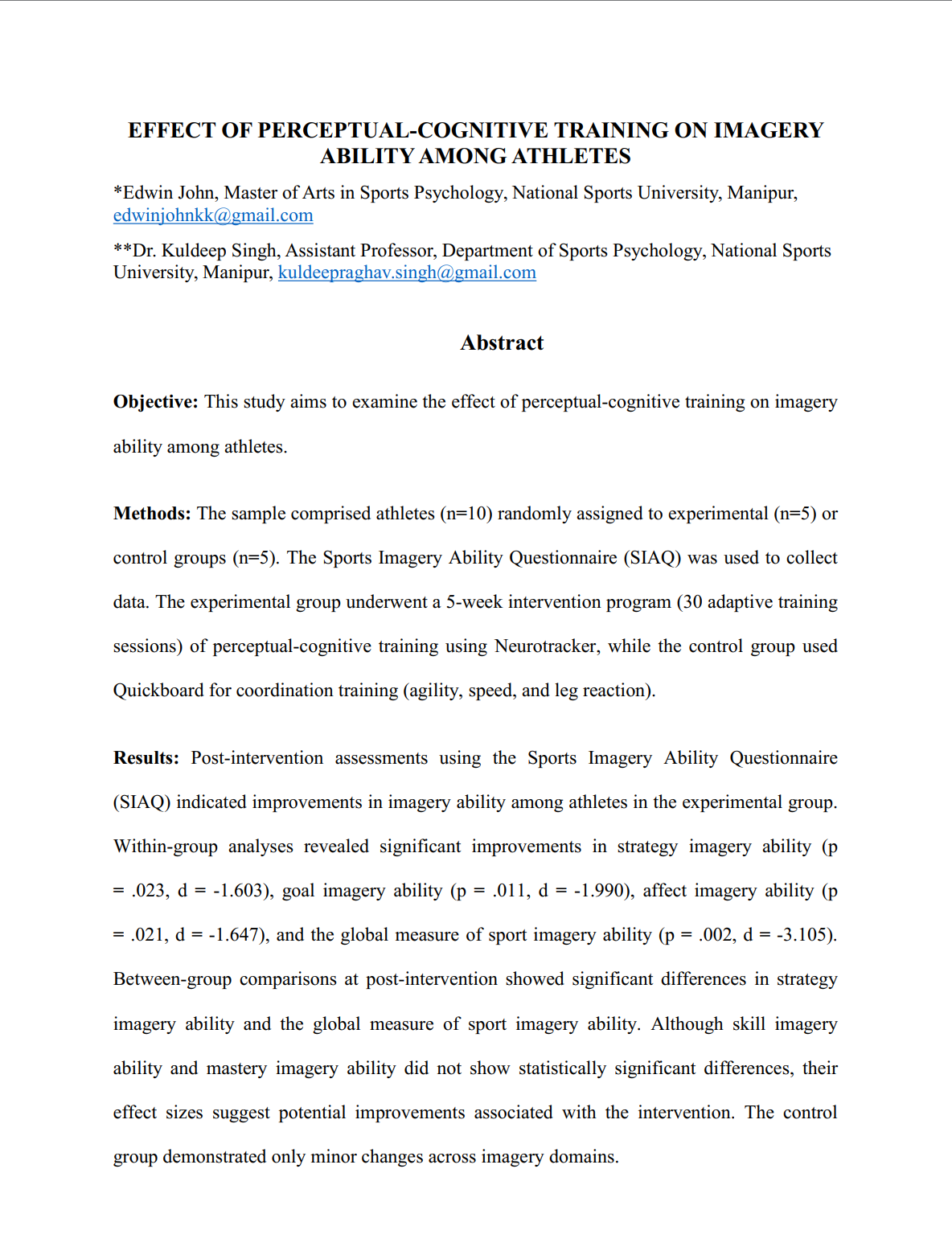 Effect of perceptual-cognitive training on imagery ability among athletes