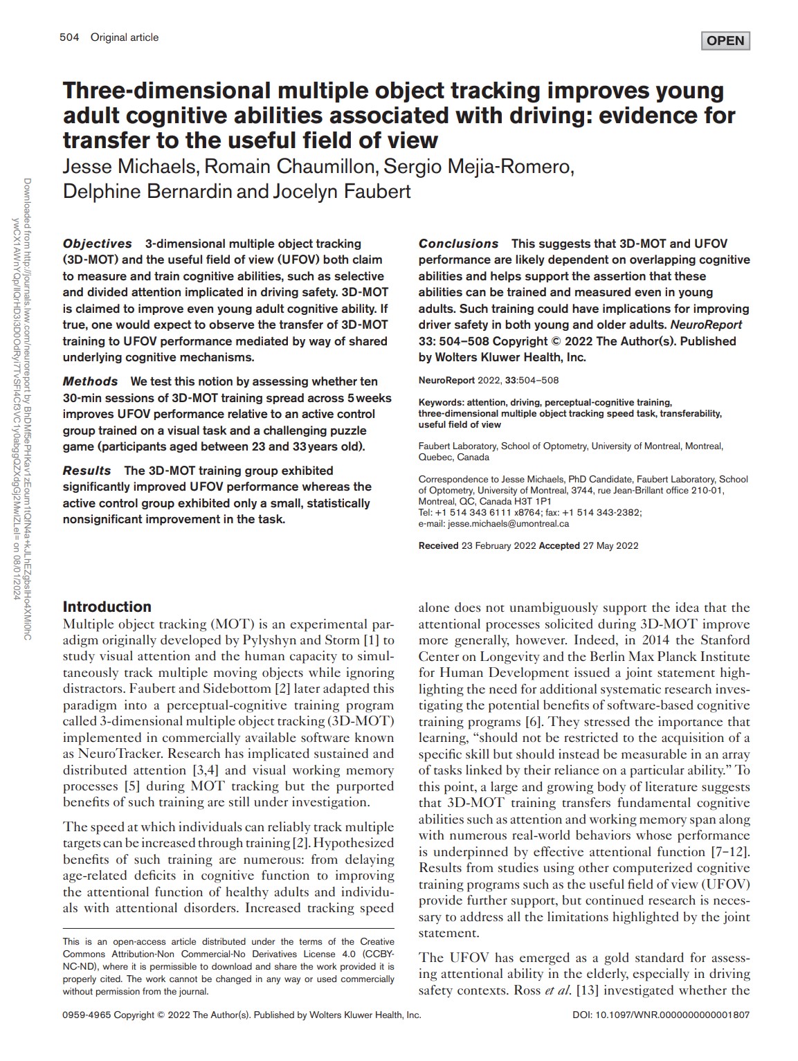 Three-dimensional multiple object tracking improves young adult cognitive abilities associated with driving: evidence for transfer to the useful field of view