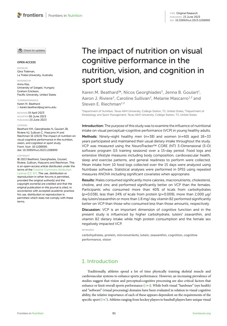 The impact of nutrition on visual cognitive performance in the nutrition, vision, and cognition in sport study