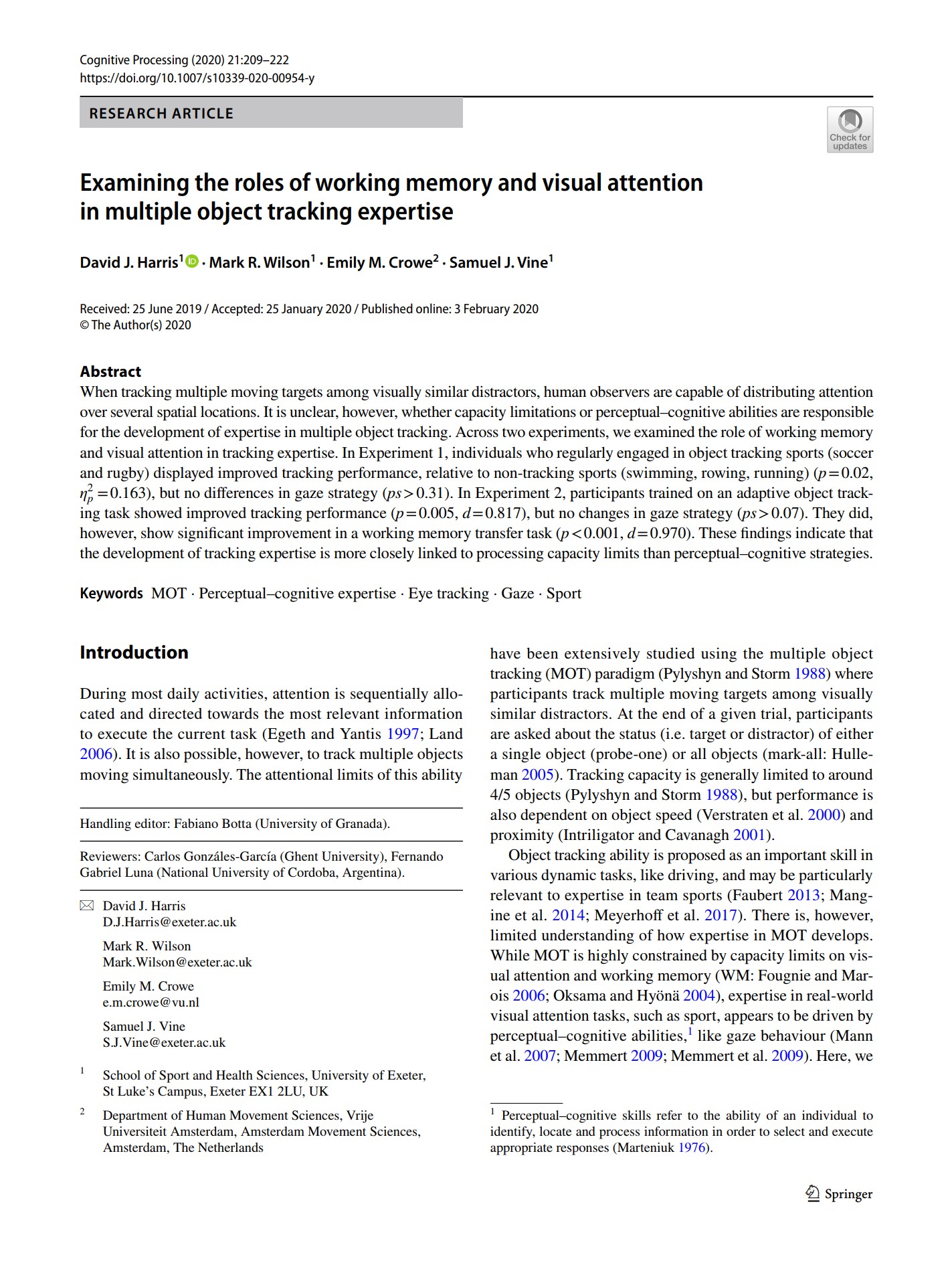 Examining the roles of working memory and visual attention in multiple object tracking expertise