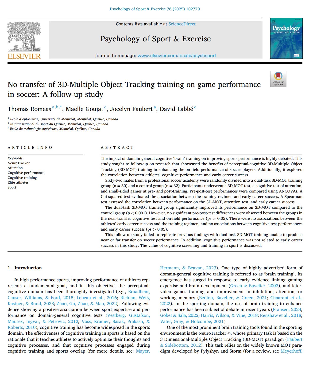 Nessun trasferimento dell'allenamento di tracciamento di oggetti multipli 3D sulle prestazioni di gioco nel calcio: uno studio di follow-up