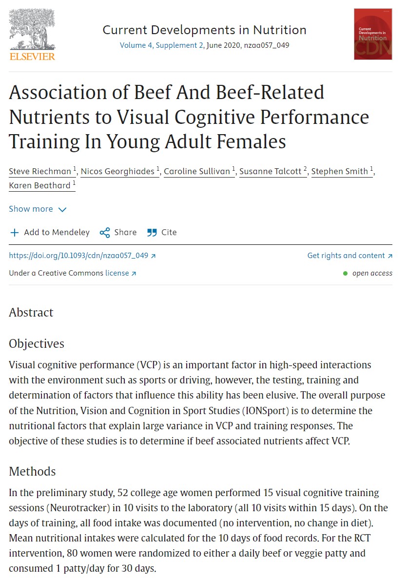Associazione tra carne di manzo e nutrienti correlati alla carne di manzo e allenamento delle prestazioni cognitive visive nelle giovani donne adulte