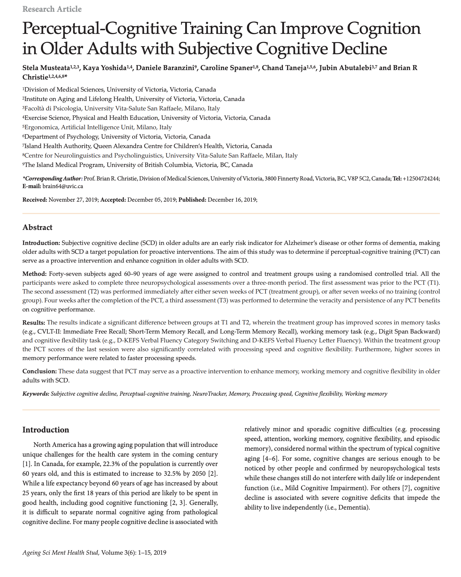 Perceptual-Cognitive Training Can Improve Cognition in Older Adults with Subjective Cognitive Decline