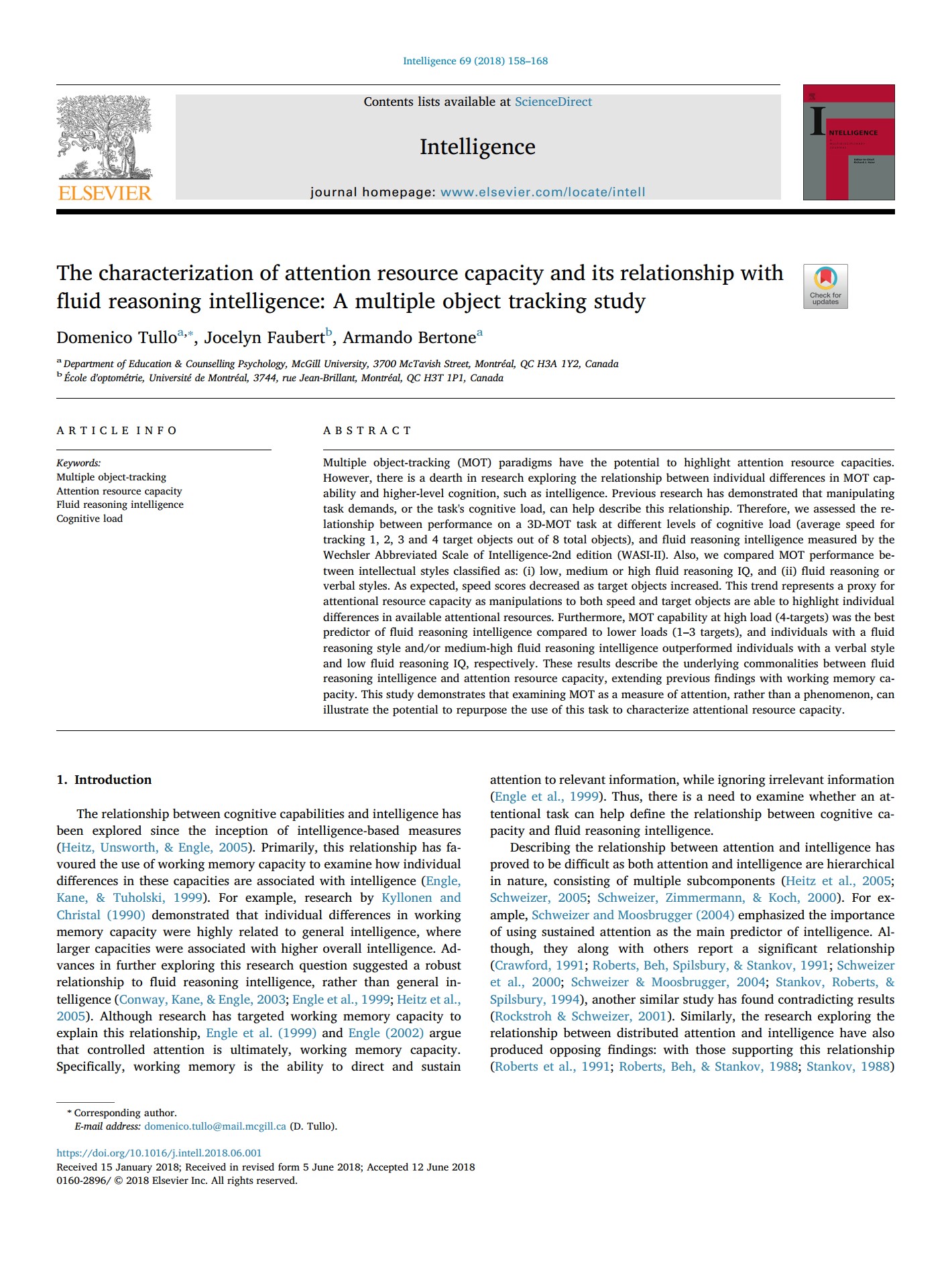 The characterization of attention resource capacity and its relationship with fluid reasoning intelligence: A multiple object tracking study