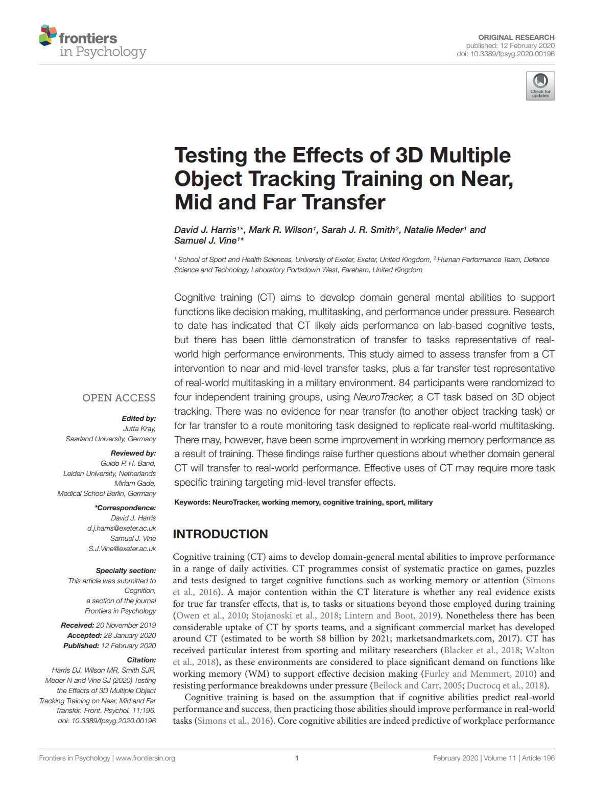 Testing the Effects of 3D Multiple Object Tracking Training on Near, Mid and Far Transfer