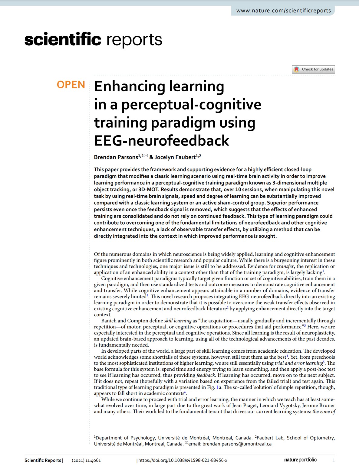 Enhancing learning in a perceptual-cognitive training paradigm using EEG-neurofeedback