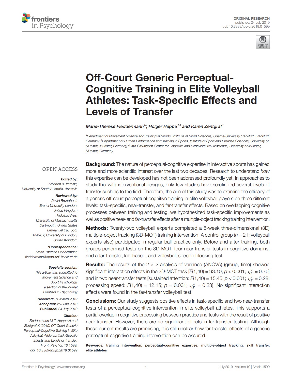 Allenamento percettivo-cognitivo generico fuori dal campo negli atleti di pallavolo d'élite: effetti specifici del compito e livelli di trasferimento
