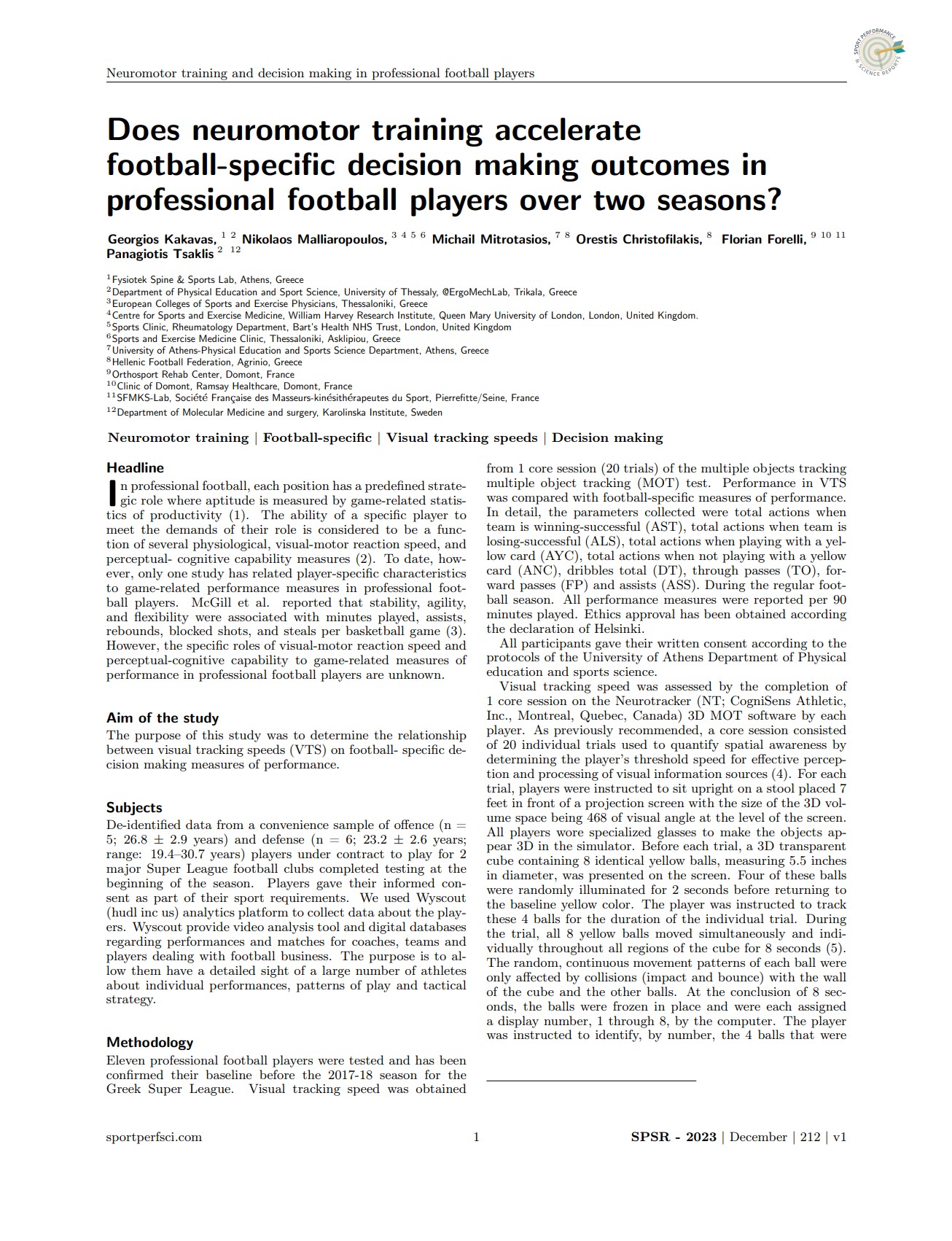 Does neuromotor training accelerate football-specific decision making outcomes in professional football players over two seasons?