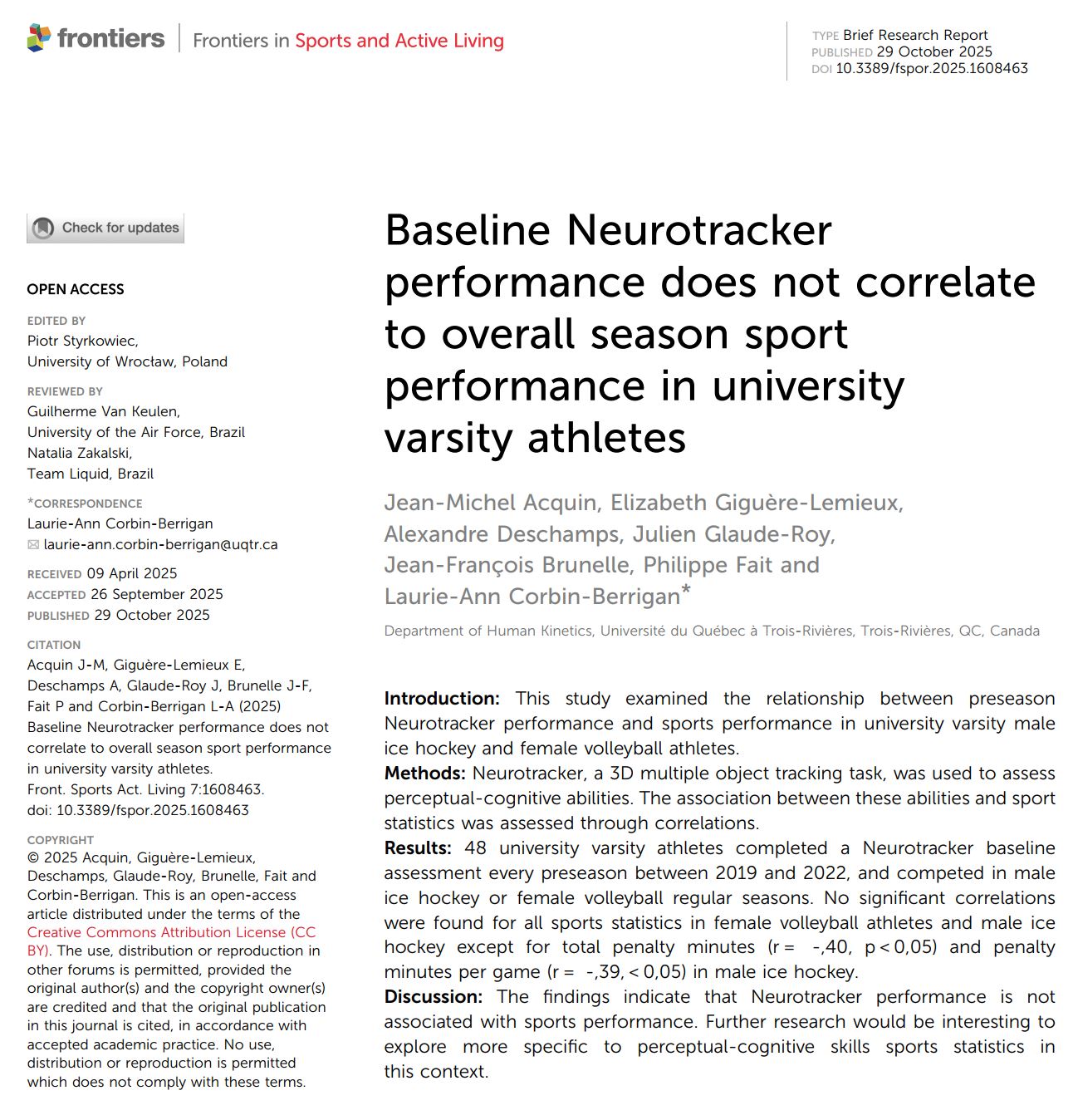 Baseline NeuroTracker Performance Does Not Correlate to Overall Season Sport Performance in University Varsity Athletes