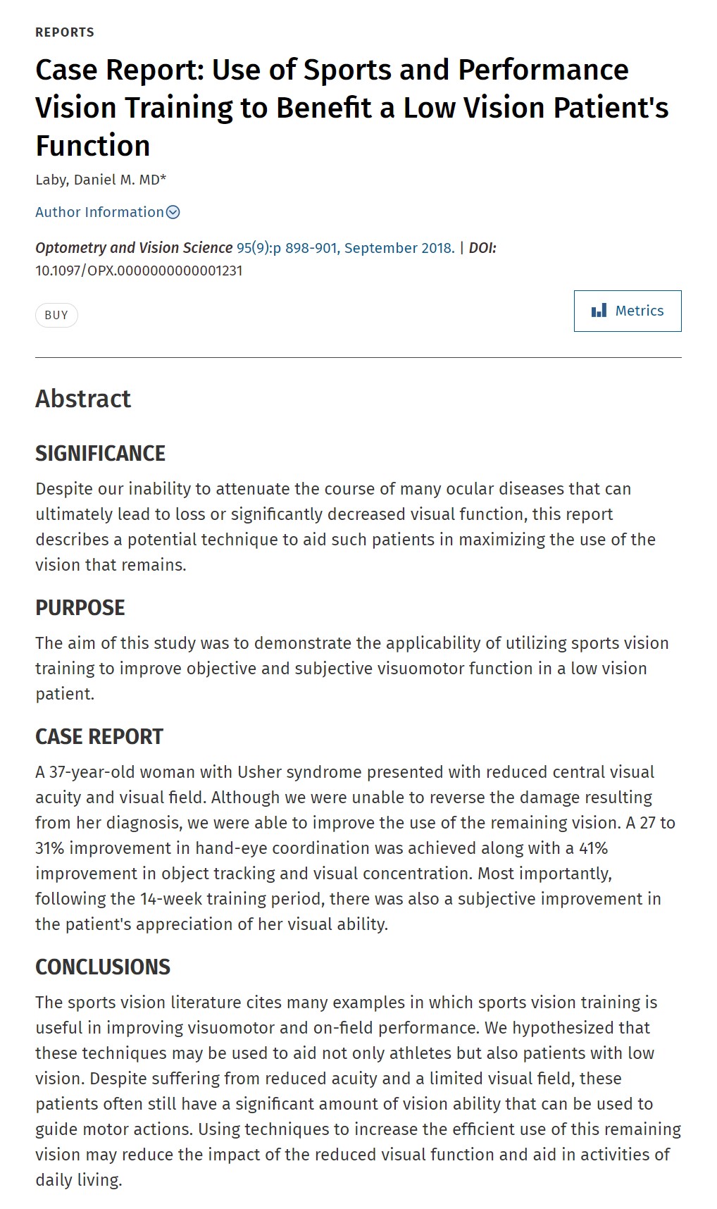 Case Report: Use of Sports and Performance Vision Training to Benefit a Low Vision Patient's Function