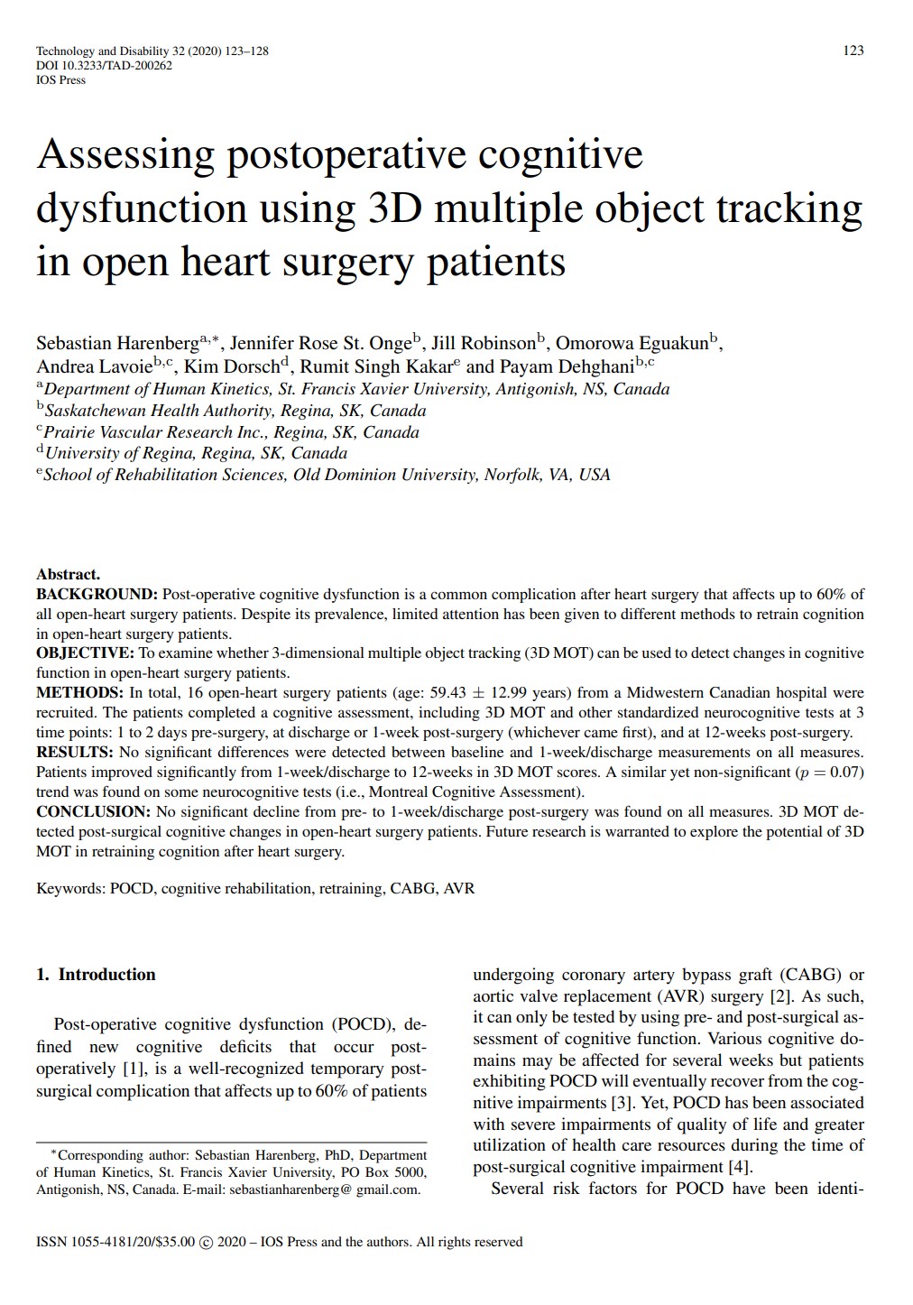 Assessing postoperative cognitive dysfunction using 3D multiple object tracking in open heart surgery patients