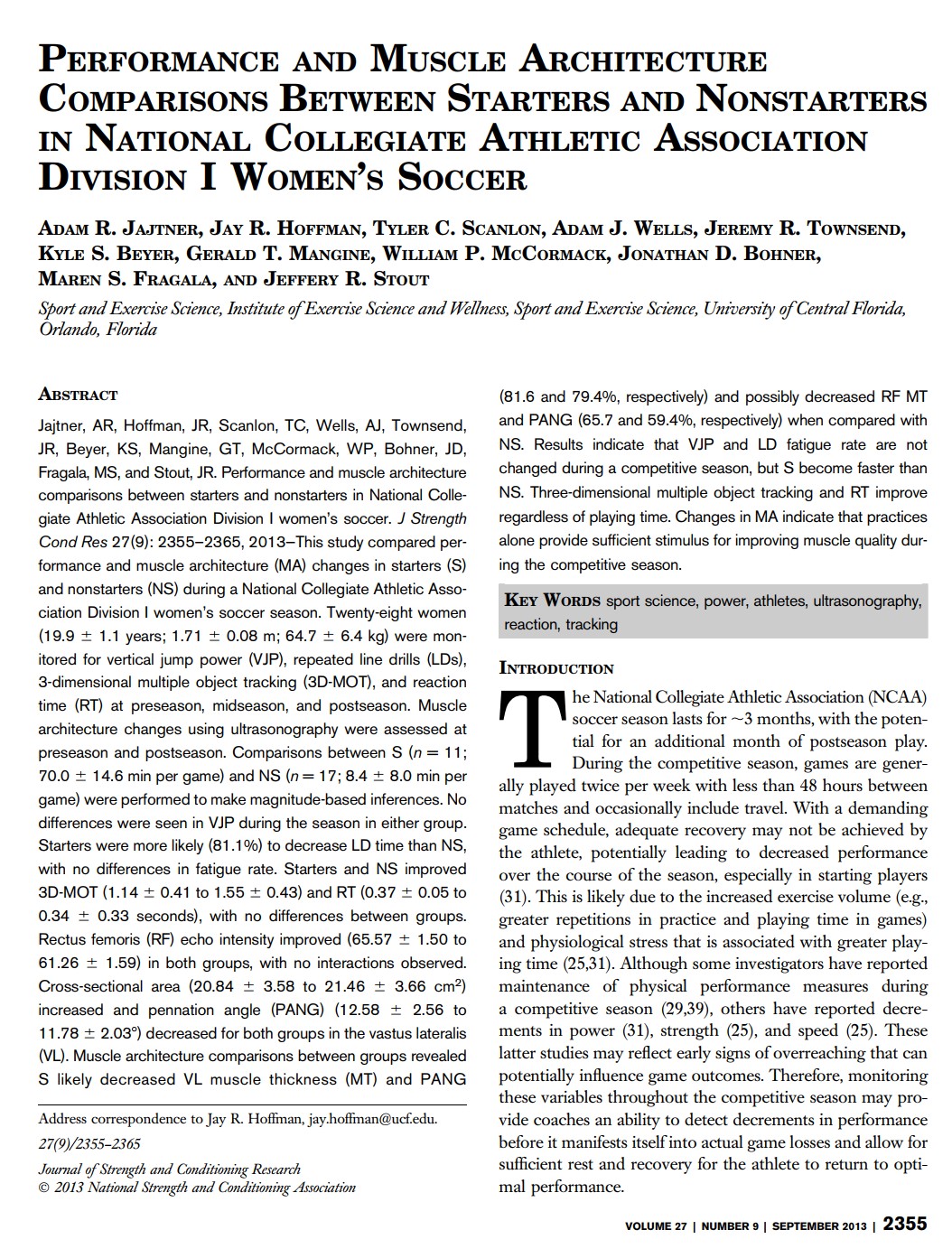 Performance and Muscle Architecture Comparisons Between Starters and Nonstarters in National Collegiate Athletic Association Division I Women's Soccer
