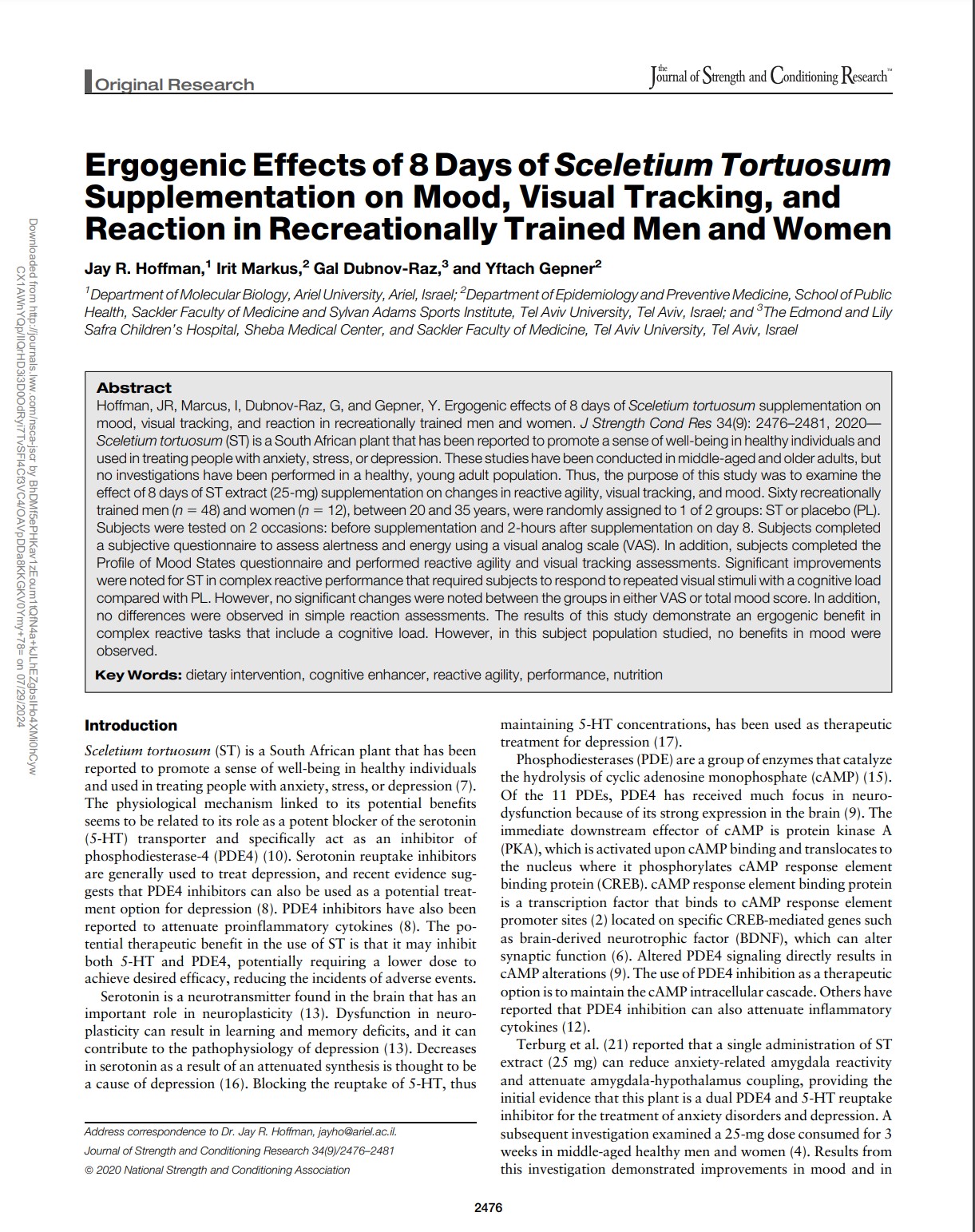 Ergogenic Effects of 8 Days of Sceletium Tortuosum Supplementation on Mood, Visual Tracking, and Reaction in Recreationally Trained Men and Women