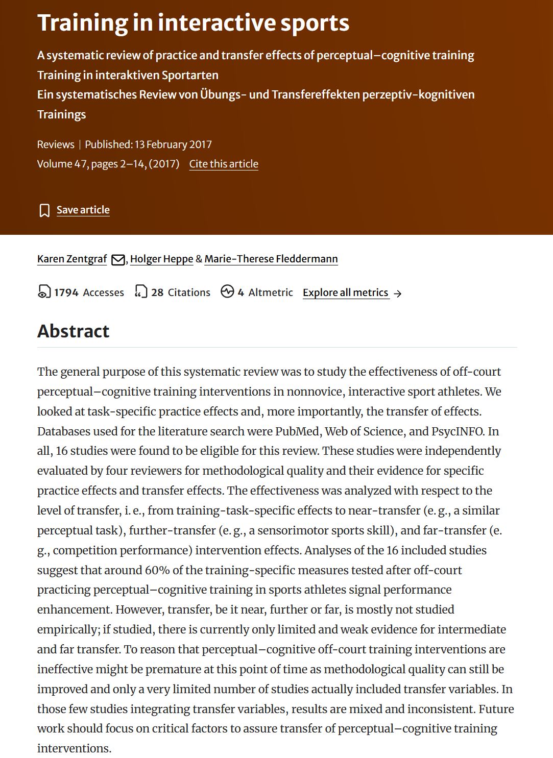 Training in Interactive Sports: A Systematic Review of Practice and Transfer Effects of Perceptual–Cognitive Training