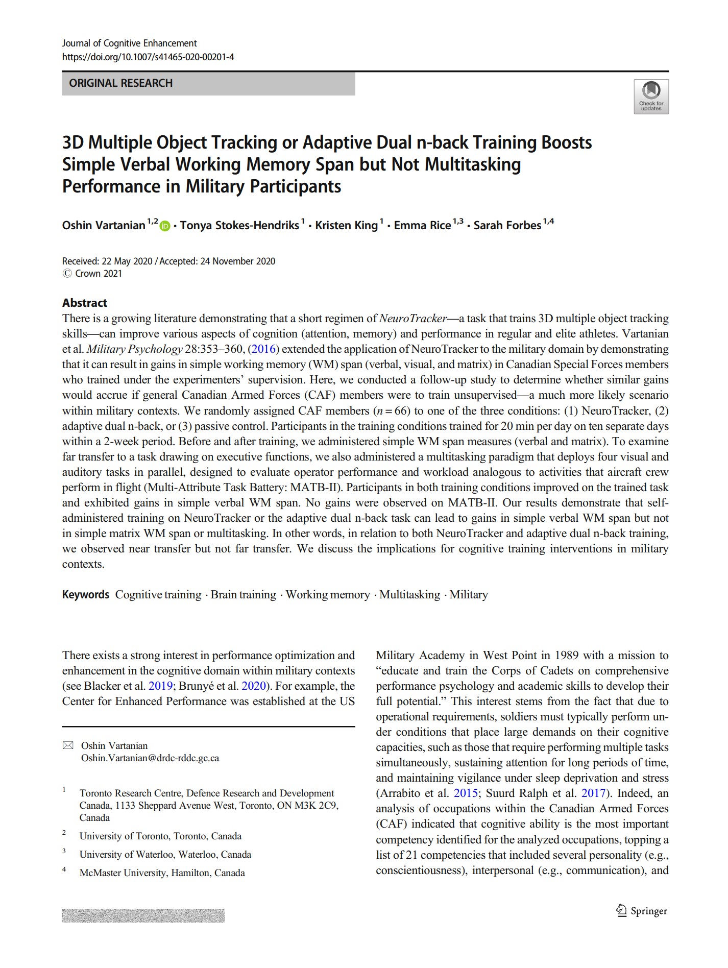 3D Multiple Object Tracking or Adaptive Dual n-back Training Boosts Simple Verbal Working Memory Span but Not Multitasking Performance in Military Participants