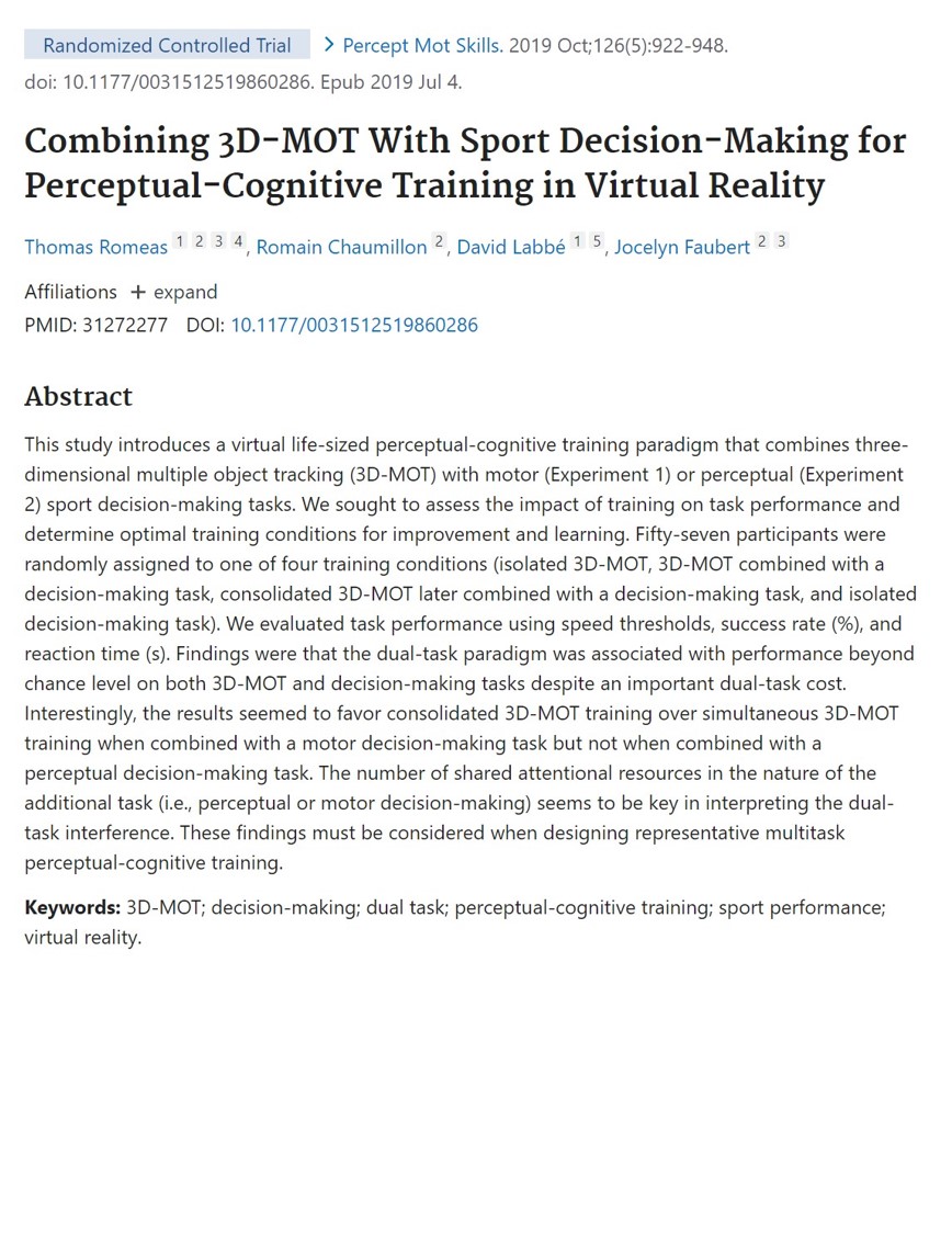 Combining 3D-MOT With Sport Decision-Making for Perceptual-Cognitive Training in Virtual Reality