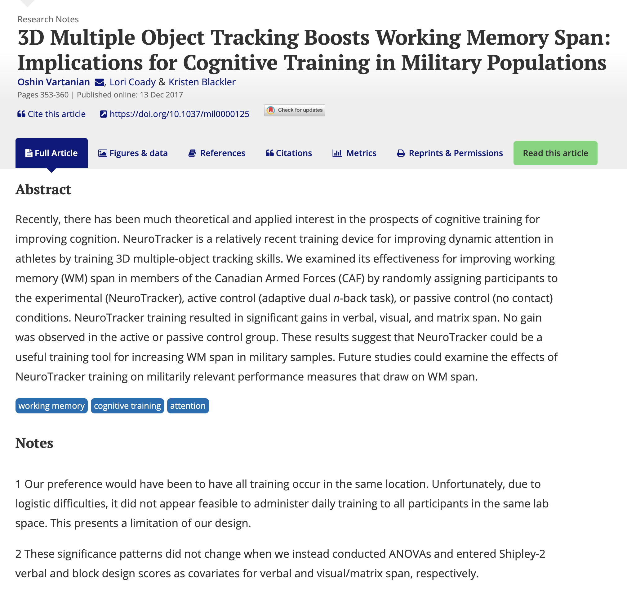 3D Multiple Object Tracking Boosts Working Memory Span: Implications for Cognitive Training in Military Populations