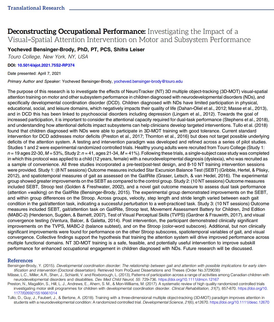 Deconstructing Occupational Performance: Investigating the Impact of a Visual–Spatial Attention Intervention on Motor and Subsystem Performance