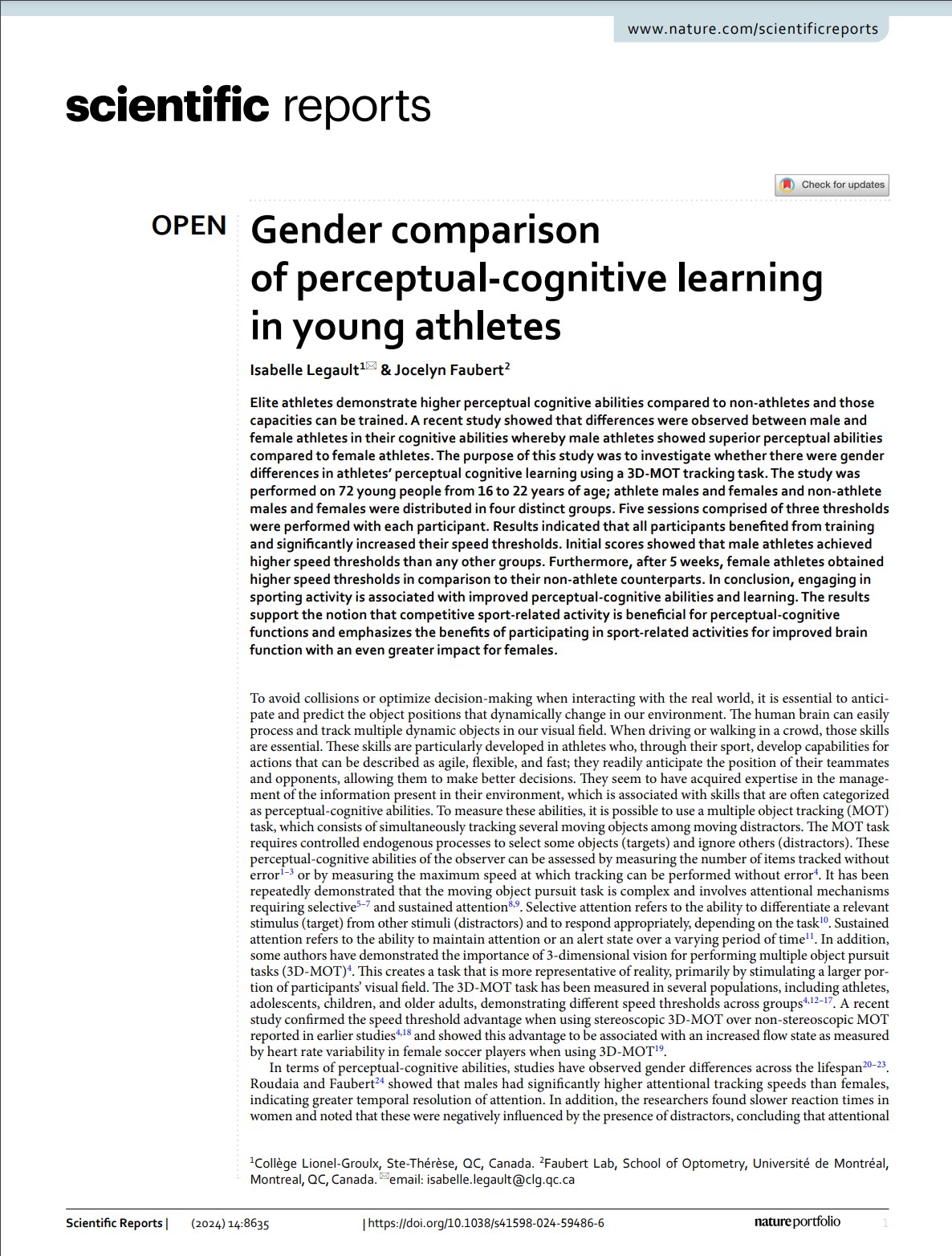 Gender comparison of perceptual-cognitive learning in young athletes