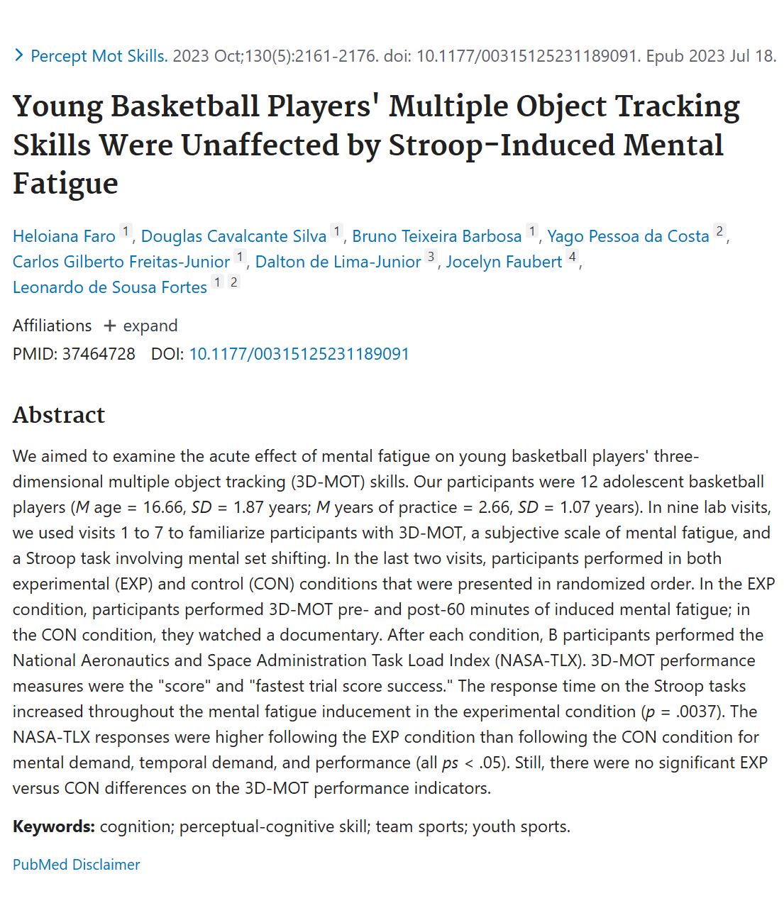 Young Basketball Players’ Multiple Object Tracking Skills Were Unaffected by Stroop-Induced Mental Fatigue
