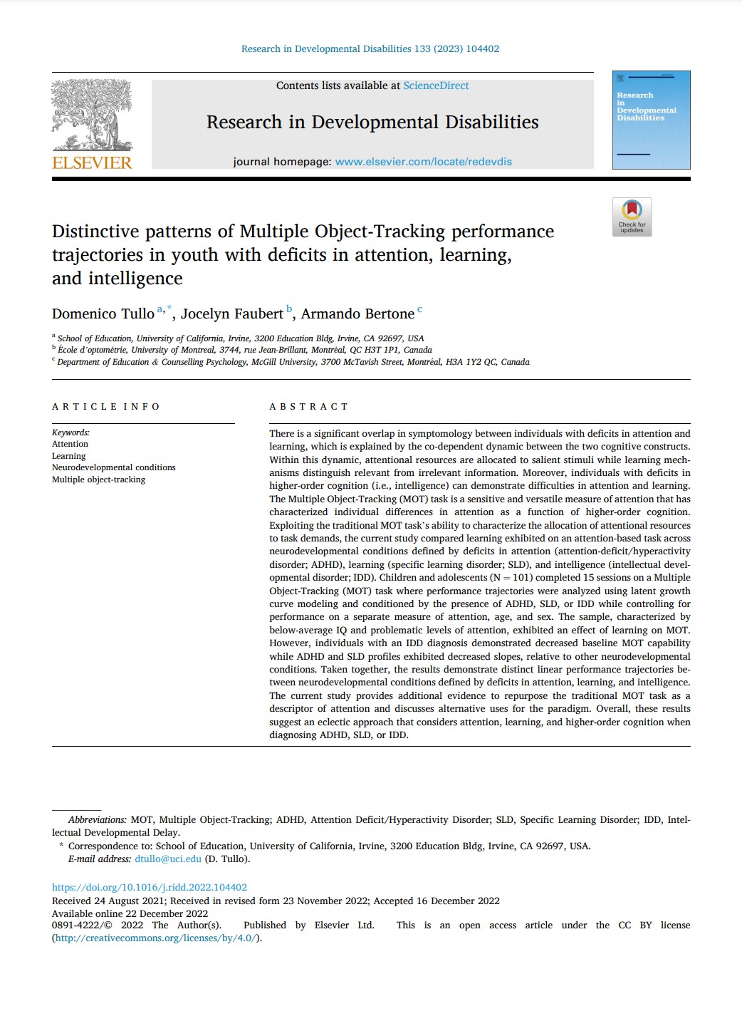 Distinctive patterns of Multiple Object-Tracking performance trajectories in youth with deficits in attention, learning, and intelligence