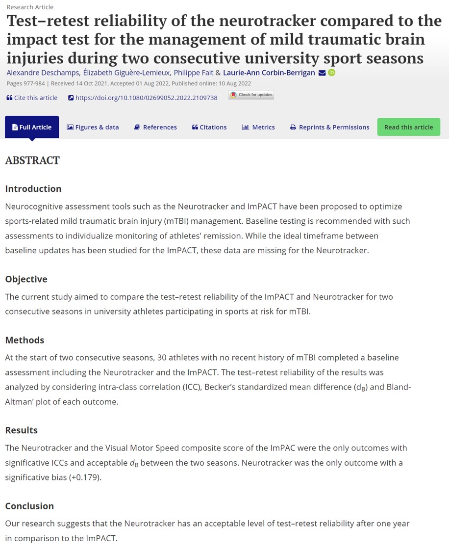 Affidabilità test-retest del neurotracker rispetto al test d'impatto per la gestione di lievi lesioni traumatiche cerebrali durante due stagioni sportive universitarie consecutive