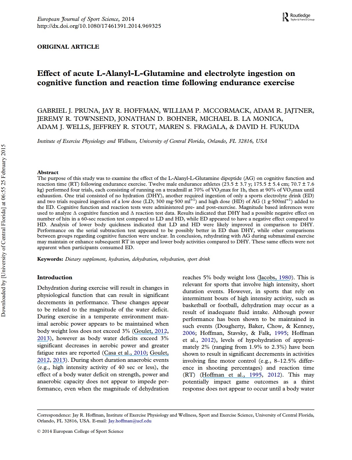 Effect of acute L-Alanyl-L-Glutamine and electrolyte ingestion on cognitive function and reaction time following endurance exercise