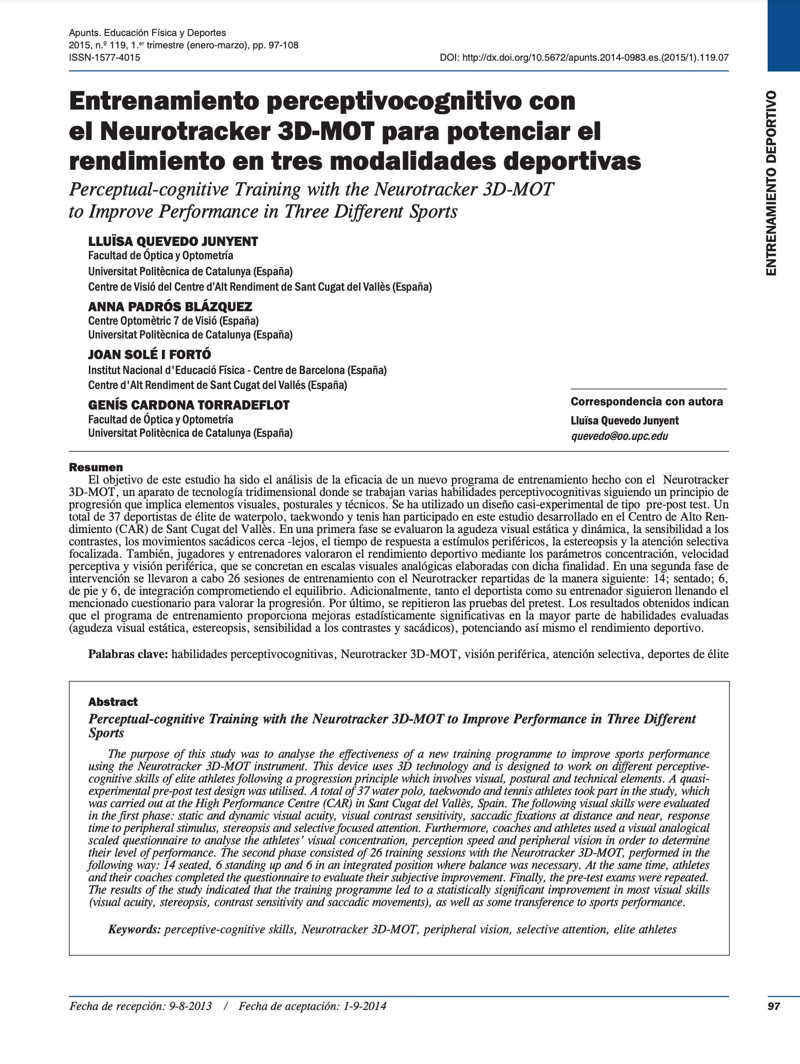 Perceptual-cognitive Training with the NeuroTracker 3D-MOT to Improve Performance in Three Different Sports