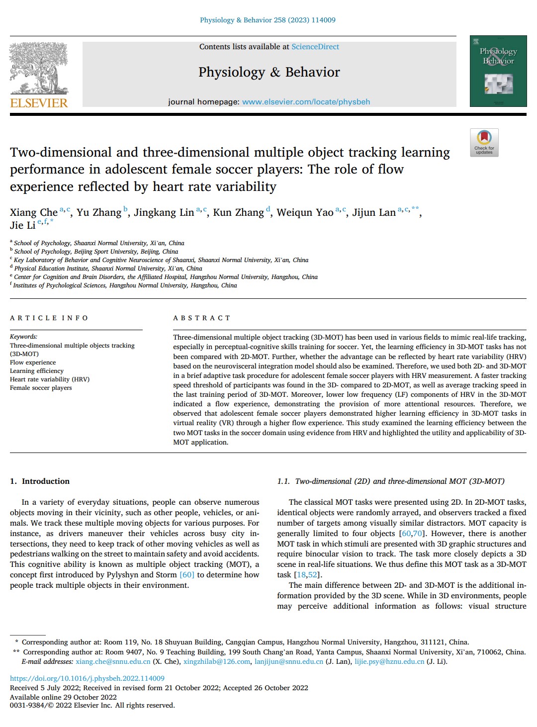 Two-dimensional and three-dimensional multiple object tracking learning performance in adolescent female soccer players: The role of flow experience reflected by heart rate variability