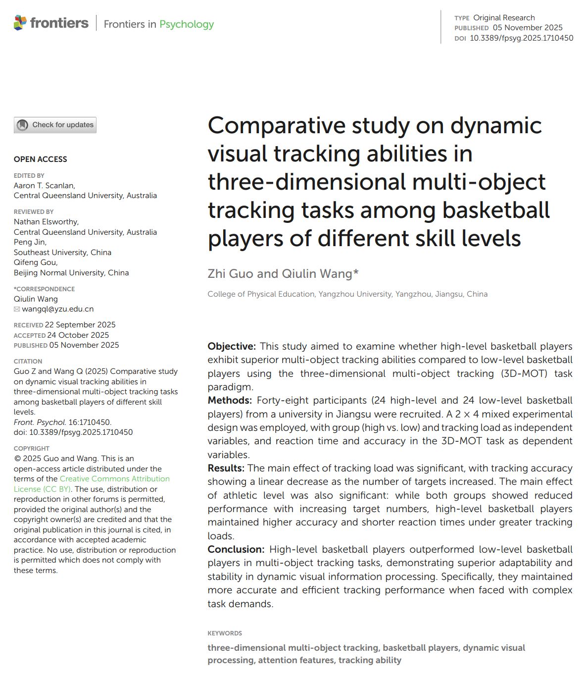 Studio comparativo sulle capacità di tracciamento visivo dinamico in attività di tracciamento multi-oggetto tridimensionale tra giocatori di basket di diversi livelli di abilità