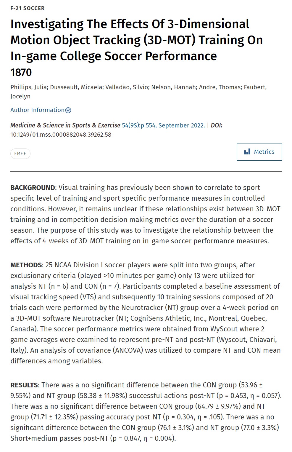The Effects Of 3-Dimensional Motion Object Tracking (3D-MOT) Training On In-game College Soccer Performance