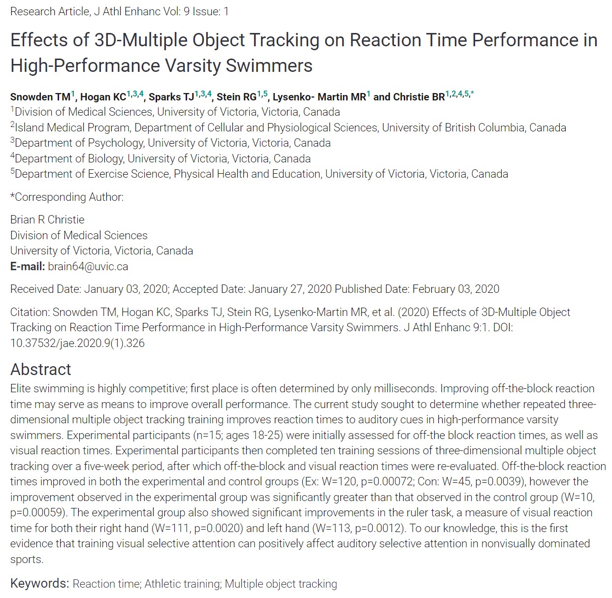 Effects of 3D-Multiple Object Tracking on Reaction Time Performance in High-Performance Varsity Swimmers