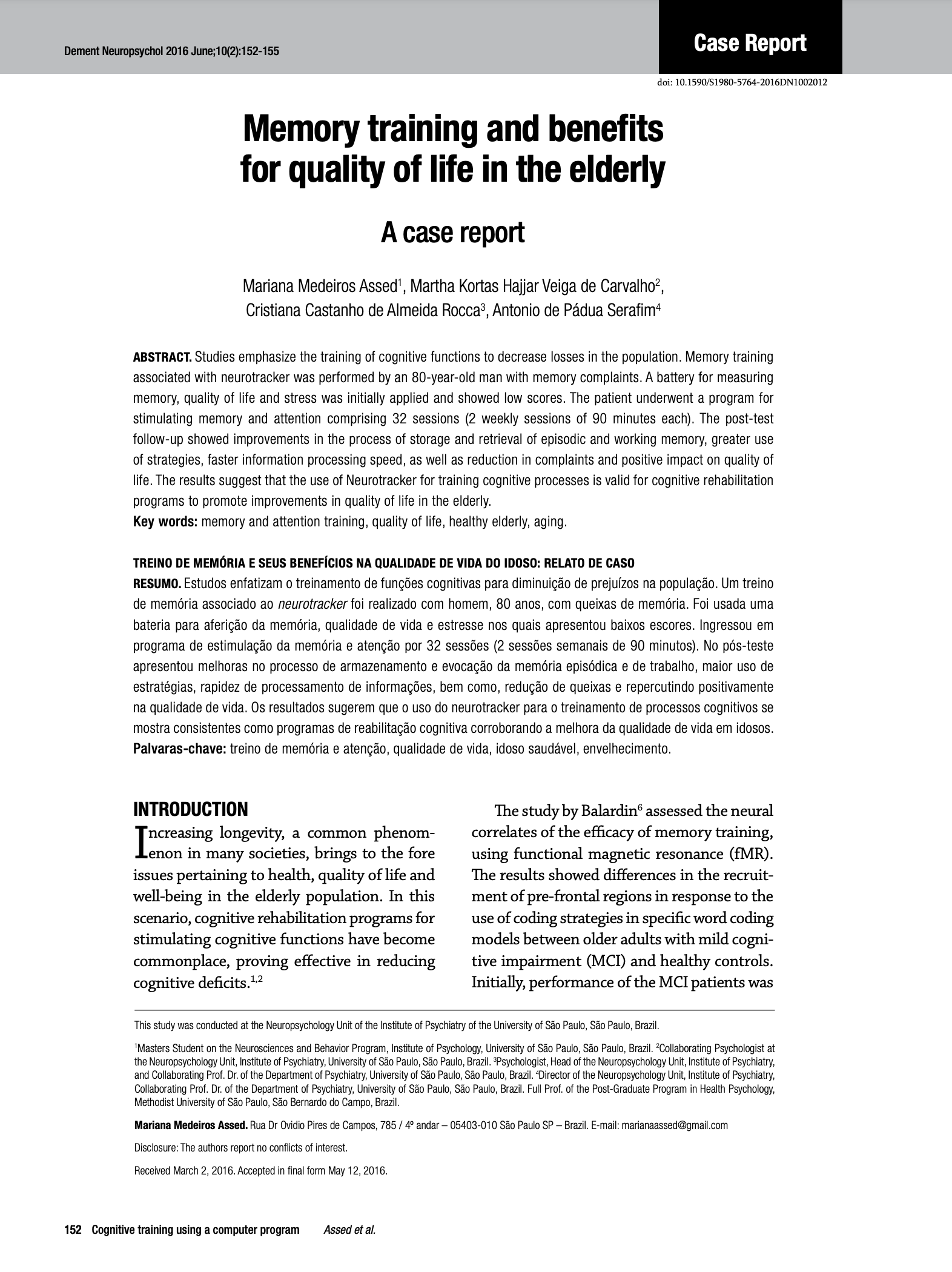 Memory training and benefits for quality of life in the elderly: A case report
