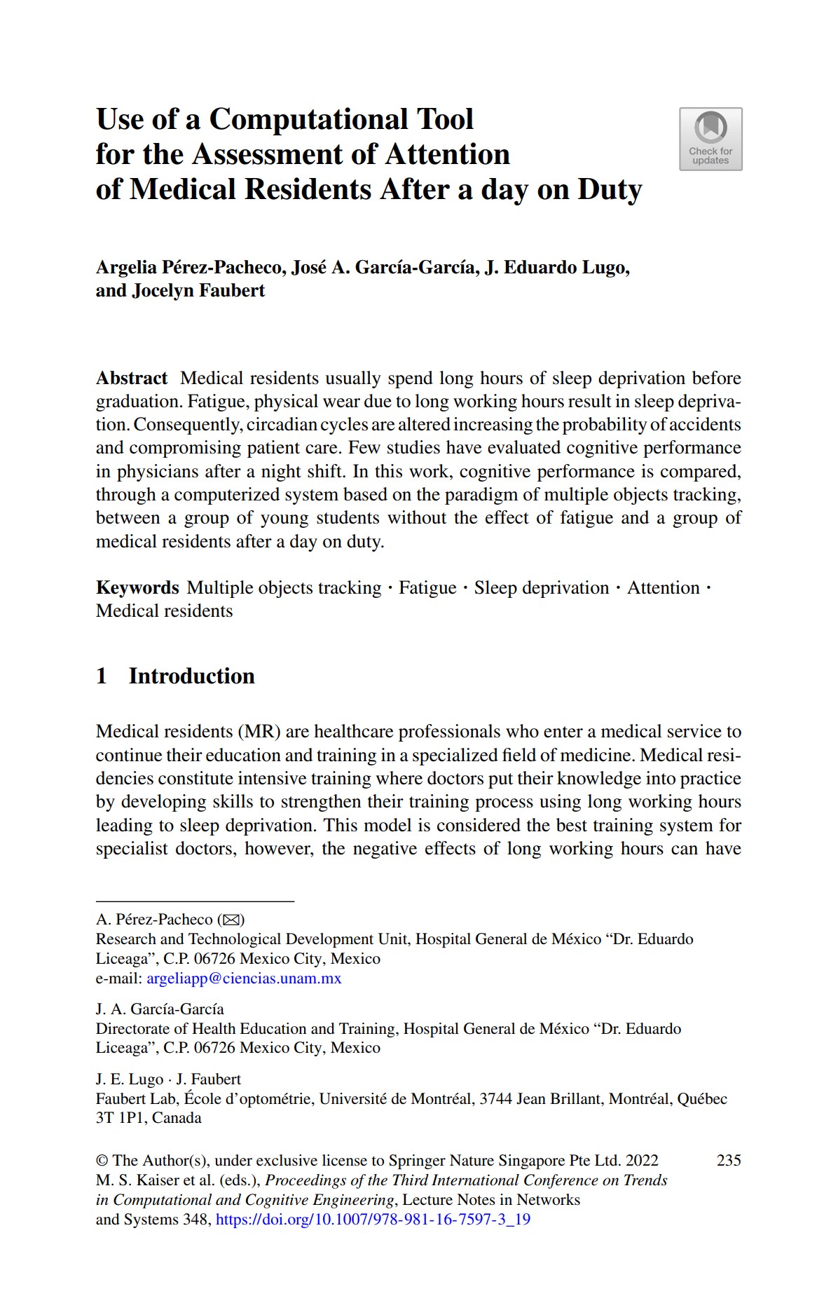 Use of a Computational Tool for the Assessment of Attention of Medical Residents After a day on Duty