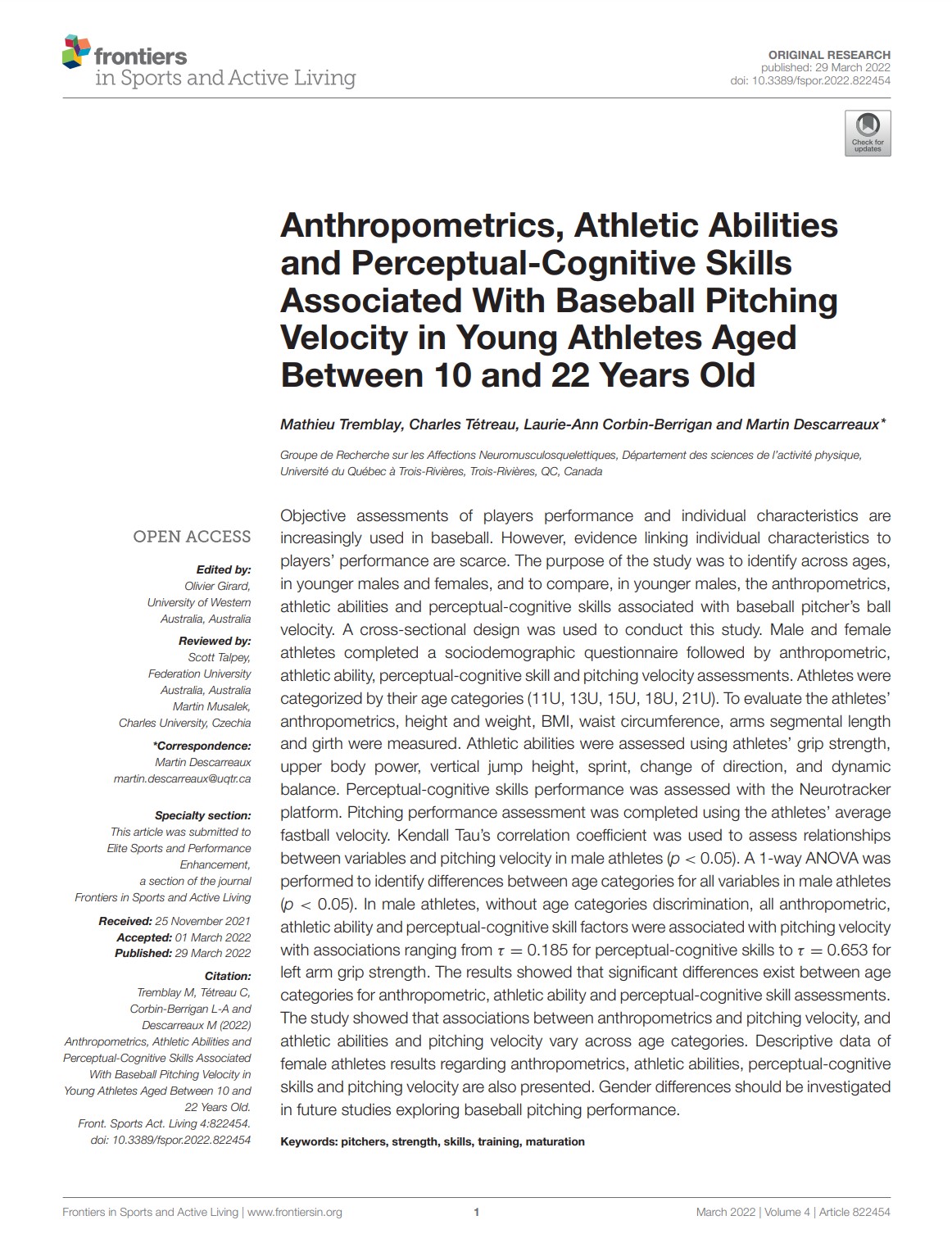 Anthropometrics, Athletic Abilities and Perceptual-Cognitive Skills Associated With Baseball Pitching Velocity in Young Athletes Aged Between 10 and 22 Years Old