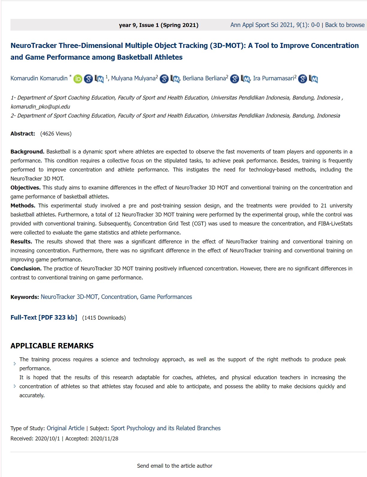 NeuroTracker Three-Dimensional Multiple Object Tracking (3D-MOT): A Tool to Improve Concentration and Game Performance among Basketball Athletes